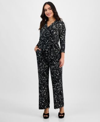 I.N.C. International Concepts - Petite Printed Long-Sleeve Faux-Wrap Jumpsuit