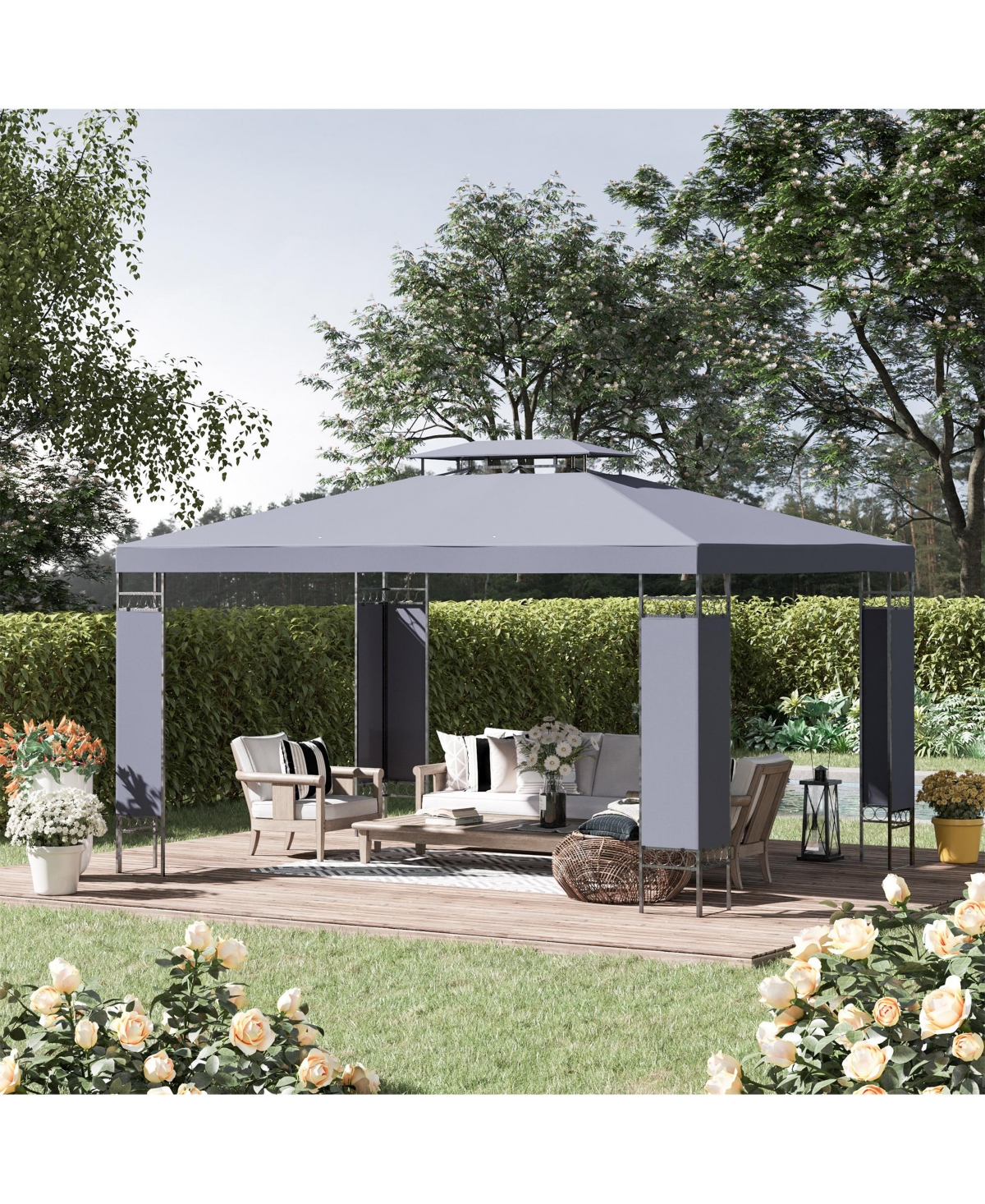 Streamdale Furniture 10' x 13' Patio Gazebo, Double Roof Outdoor Gazebo Canopy Shelter with Screen Decorate Corner Frame, for Garden, Lawn, Backyard a