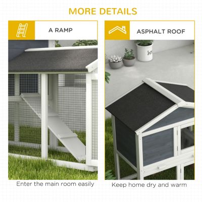 58" Rabbit Hutch, Wooden Bunny Hutch, Guinea Pig Cage, Small Animal Enclosure with Run Area, Removable Tray, Asphalt Roof, Lockable Doors and Ramp, Gray