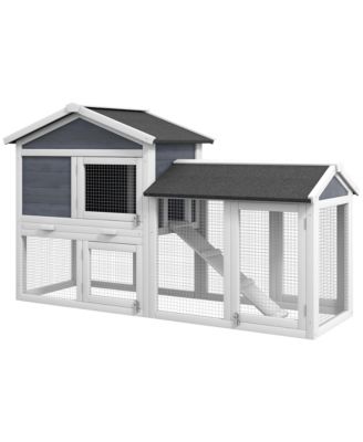 58" Rabbit Hutch, Wooden Bunny Hutch, Guinea Pig Cage, Small Animal Enclosure with Run Area, Removable Tray, Asphalt Roof, Lockable Doors and Ramp, Gray