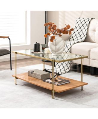 Coffee Table Rectangle Glass Top w/ Storage Shelf & Gold Steel Frame Living Room