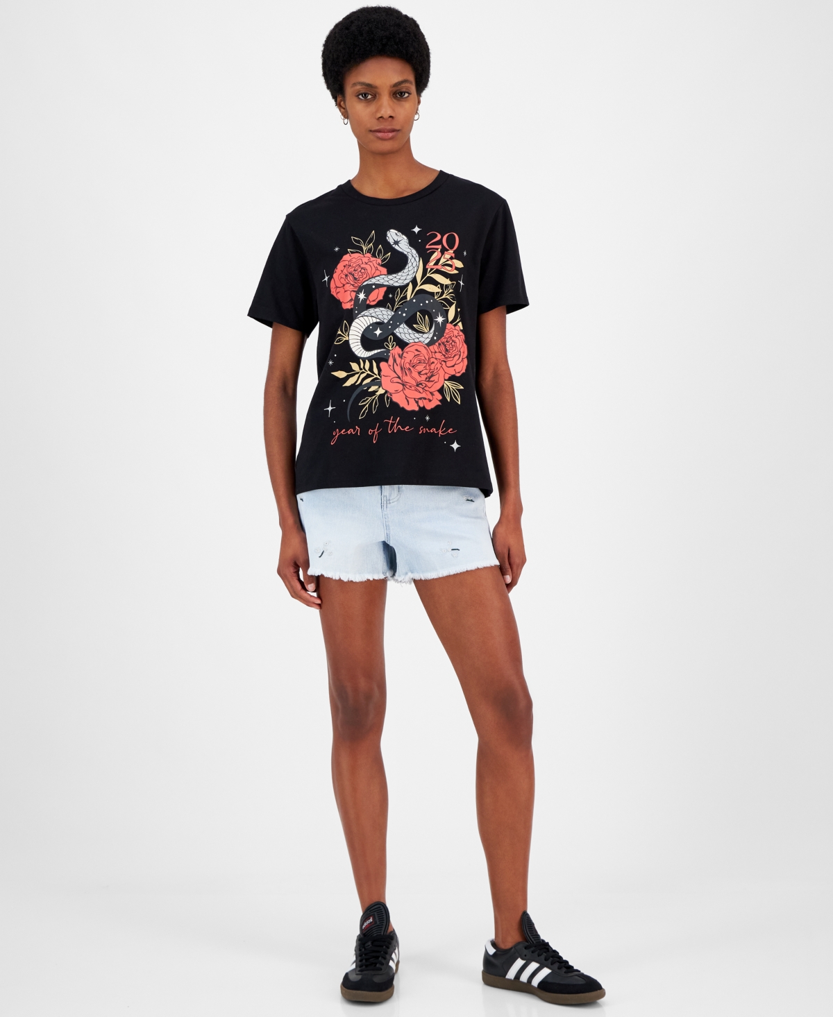 Love Tribe Juniors' Celestial Rose Year Of The Snake Graphic T-shirt In Black