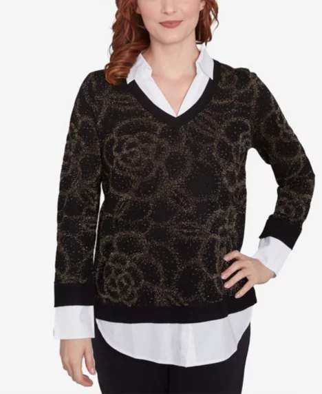 Petite Metallic Floral Layered Shirt Collar V-Neck Sweater - Black/Gold