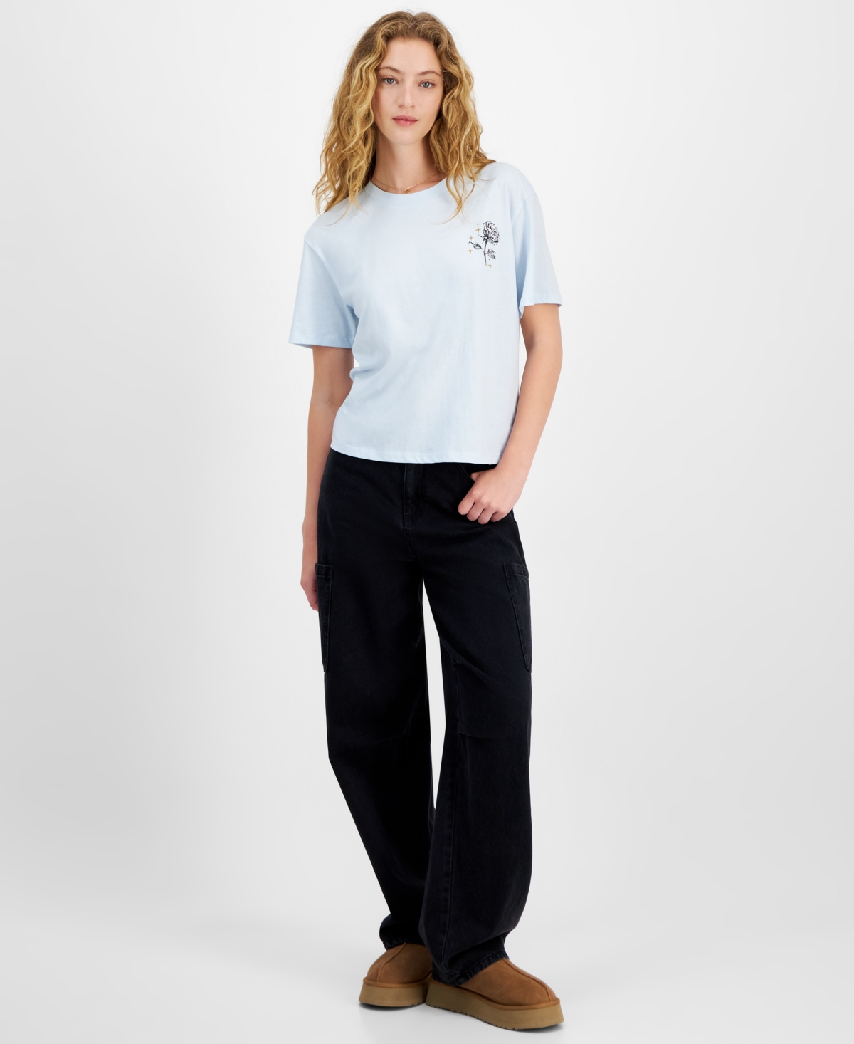 Rebellious One Juniors' Celestial Rose Graphic T-shirt In Delicate Blue