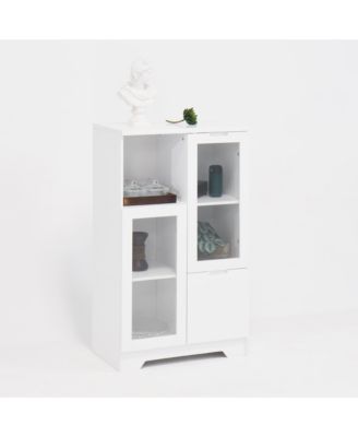 Wooden Floor Cabinet with 2 Glass Doors and 2 Storage Space, White, Living Room Bathroom Entryway White