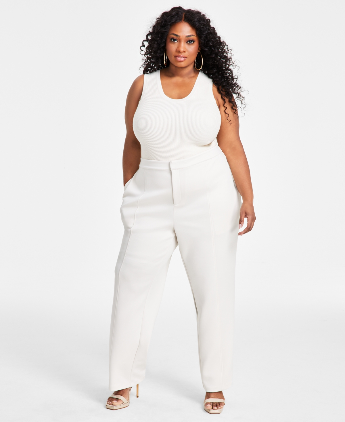Nina Parker Trendy Plus Size Ribbed Sweater Tank Top In Winter Oat