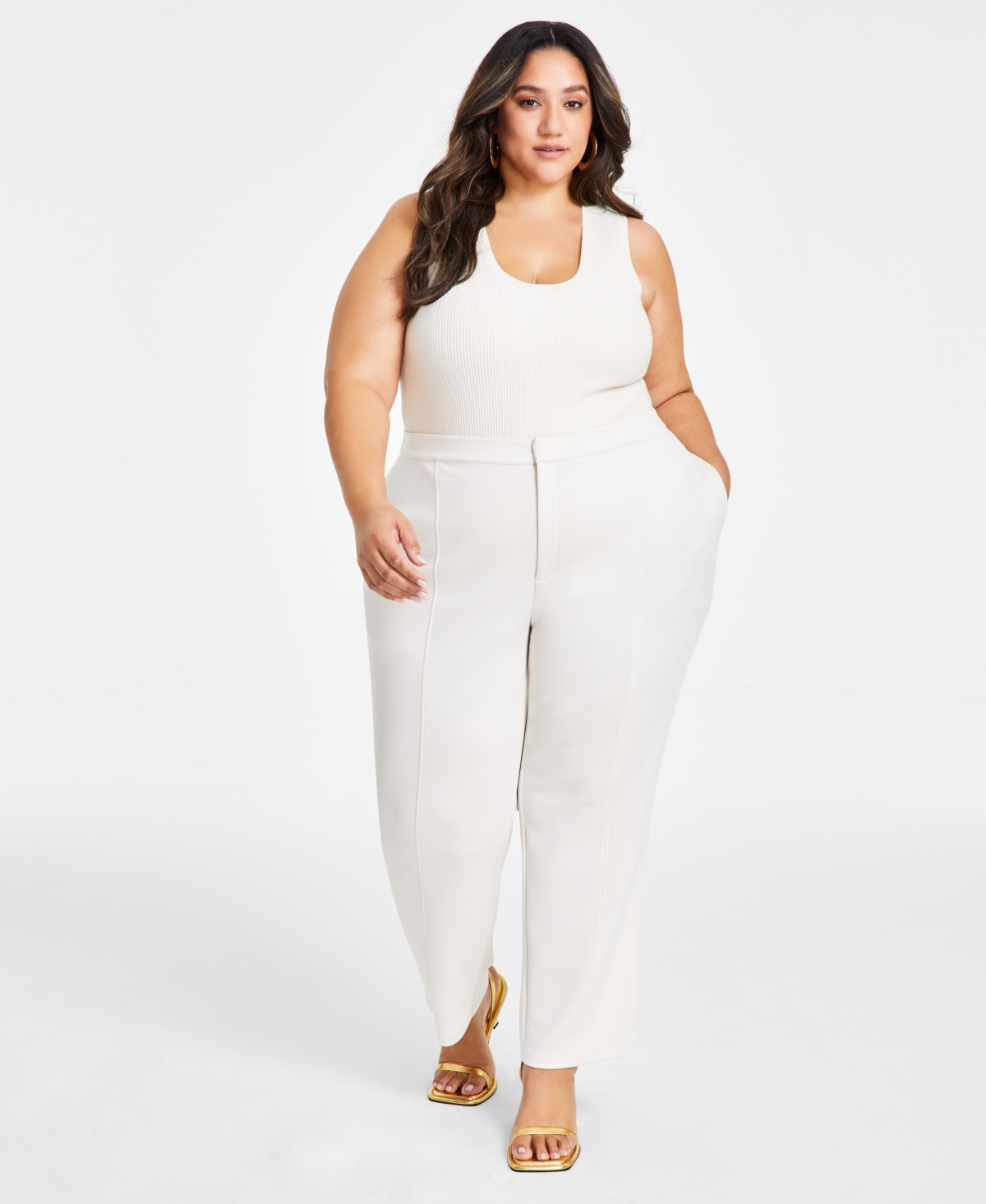 Nina Parker Trendy Plus Size Ribbed Sweater Tank Top In Winter Oat