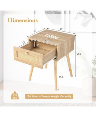 2 PCS Nightstand Bedside Sofa Table with Rattan Drawer for Bedroom & Living Room