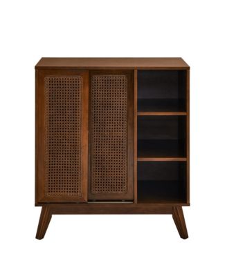 31.5" Mid-Century MDF & Rattan Adjustable Shelves, Charging Outlet, Solid Wood Legs Dark Wood Sideboard Cabinet
