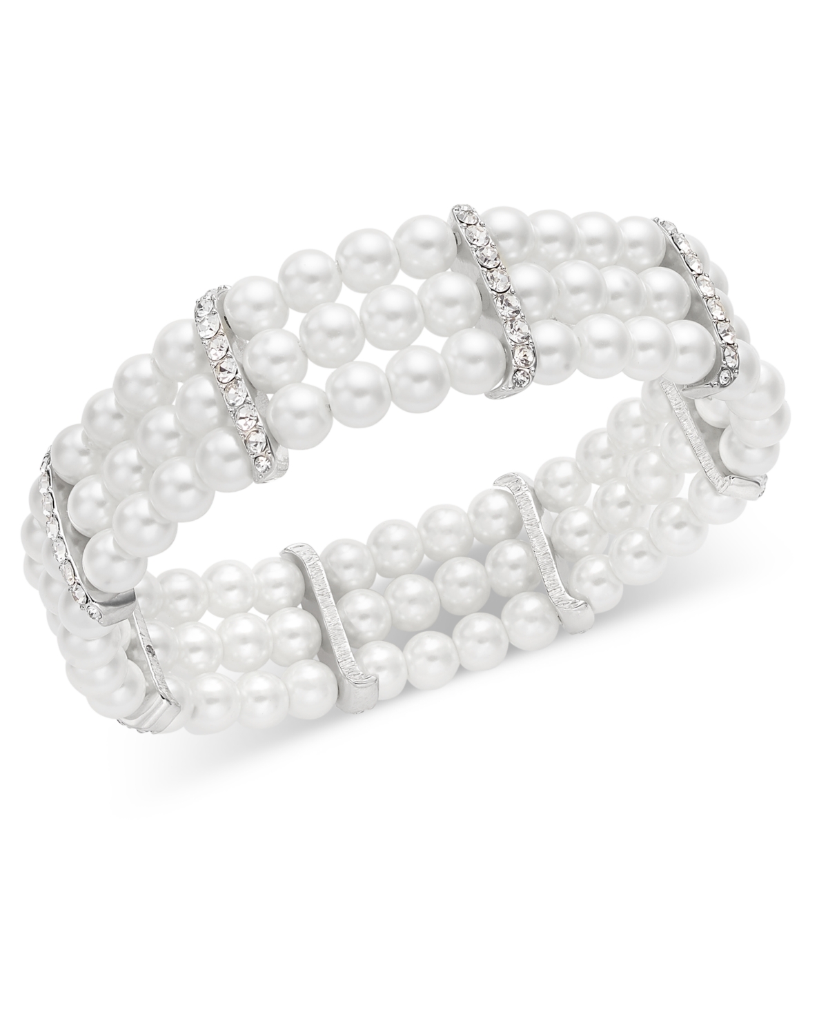 Silver-Tone Pave & Imitation Pearl Triple-Row Stretch Bracelet, Created for Macy's - White