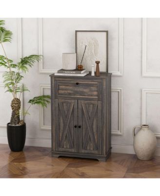 Farmhouse Barn Door Accent Cabinet, Kitchen Sideboard Storage Cabinet with Double Doors, Drawer, and Adjustable Shelf for Bedroom, Living Room, Dark Brown