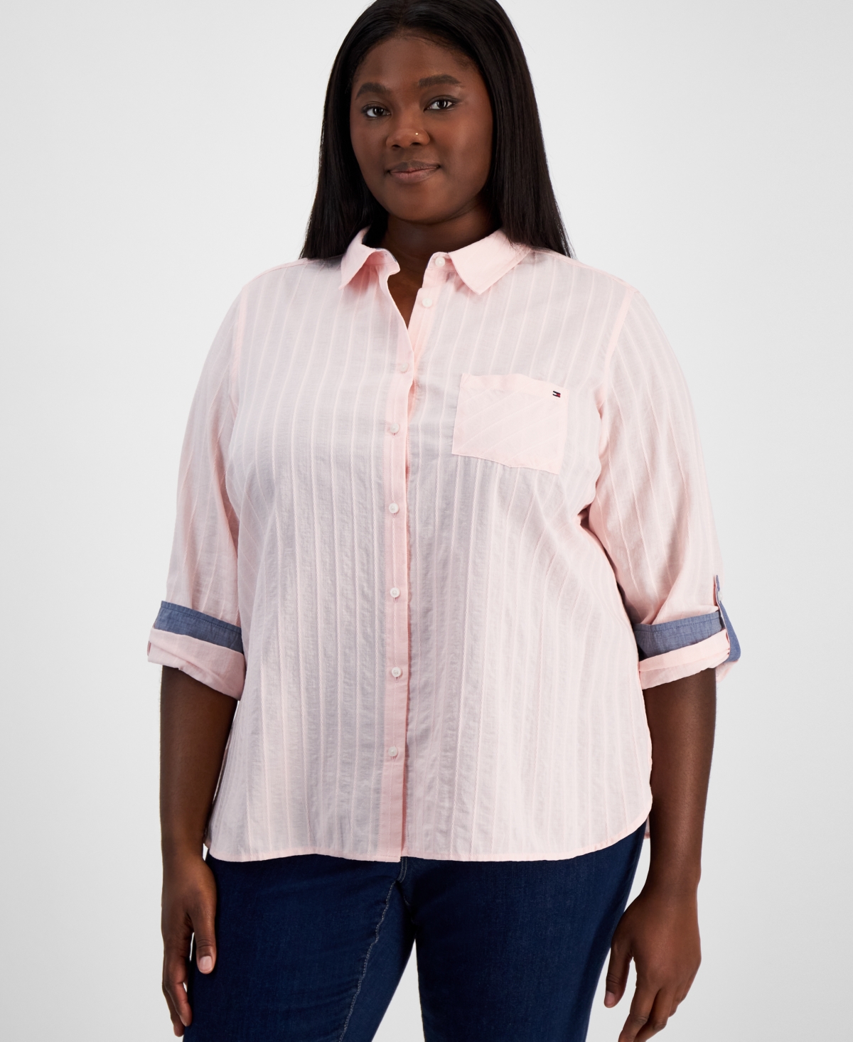 Plus Size Cotton Stripe Roll-Tab Shirt - Ballerina Pink