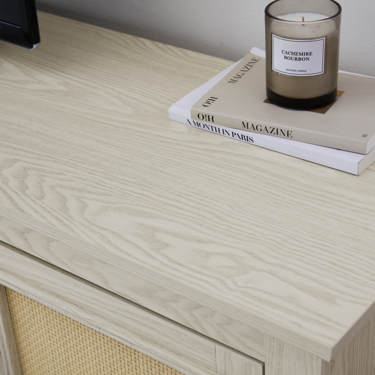 Streamdale Furniture Natural Rattan Door Cabinet with Adjustable Shelf Wood, Farmhouse Rattan Tv Stand Console Table for TVs up to 70 Inches, Storage