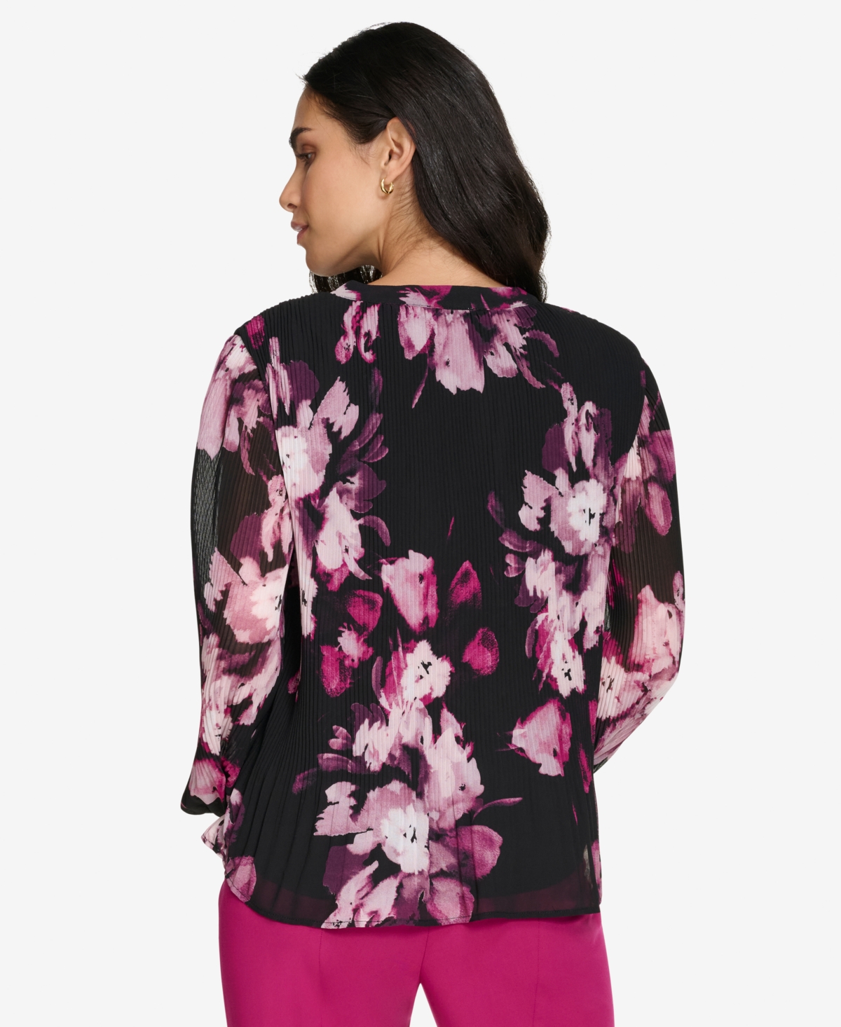 Calvin Klein Petite V-neck Long-sleeve Blouse In Black Multi