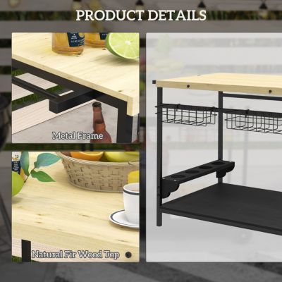 Outdoor Bar Cart, Patio Rolling Serving Cart with Wheels, Side Handle, 2 Baskets, 4 Wine Holders for Garden, Dining Room, Natural