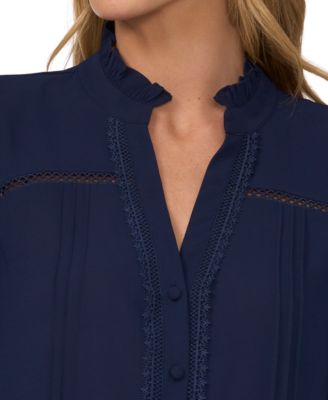 Women's Lace Trimmed Pintuck 3/4-Sleeve Button Front Blouse