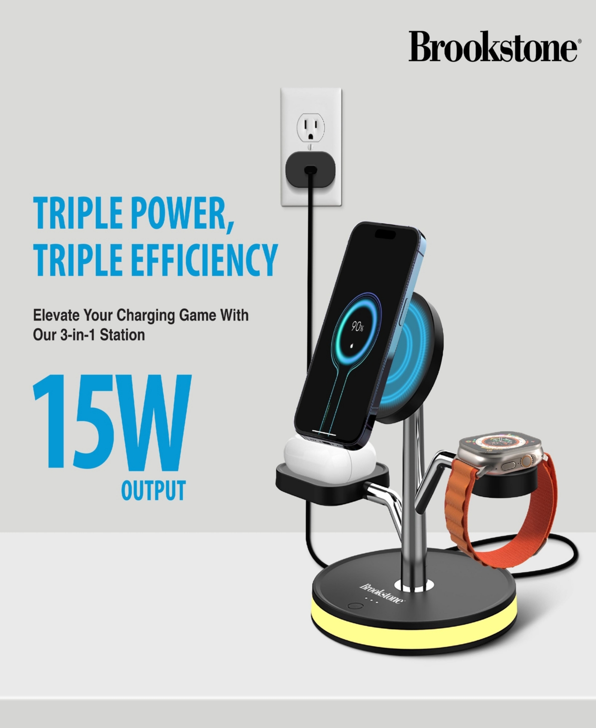 Brookstone 3-in-1 Magsafe Wireless Charging Tree for iPhone, Airpods, and Apple Watch.