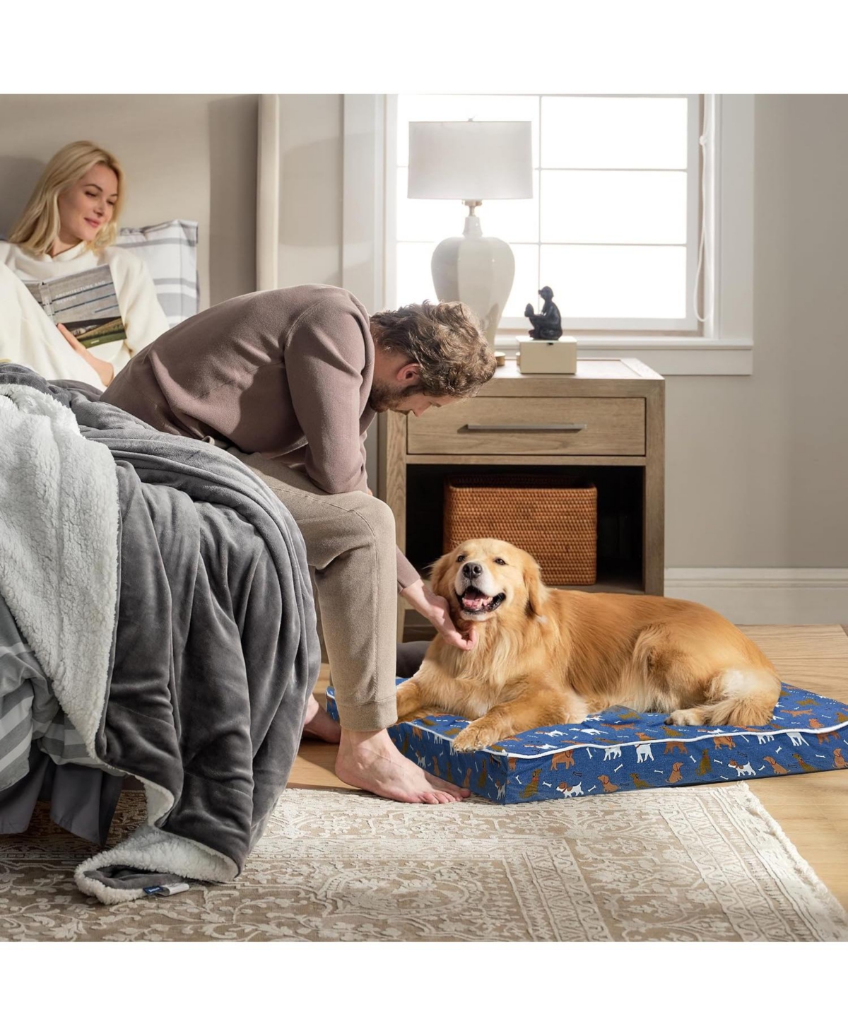 Paw & Decor Paws and Decor Orthopedic Dog Bed With Dogs and Bones Print, Comfortable & Supportive Pet Bed for Joint Health, Ideal for All Breeds - Blu