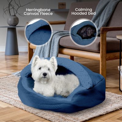 Pet Cave Bed, Calming Hooded Dog Bed with Pouch for Small Dogs and Cats, Herringbone Canvas Fleece Deep Dish