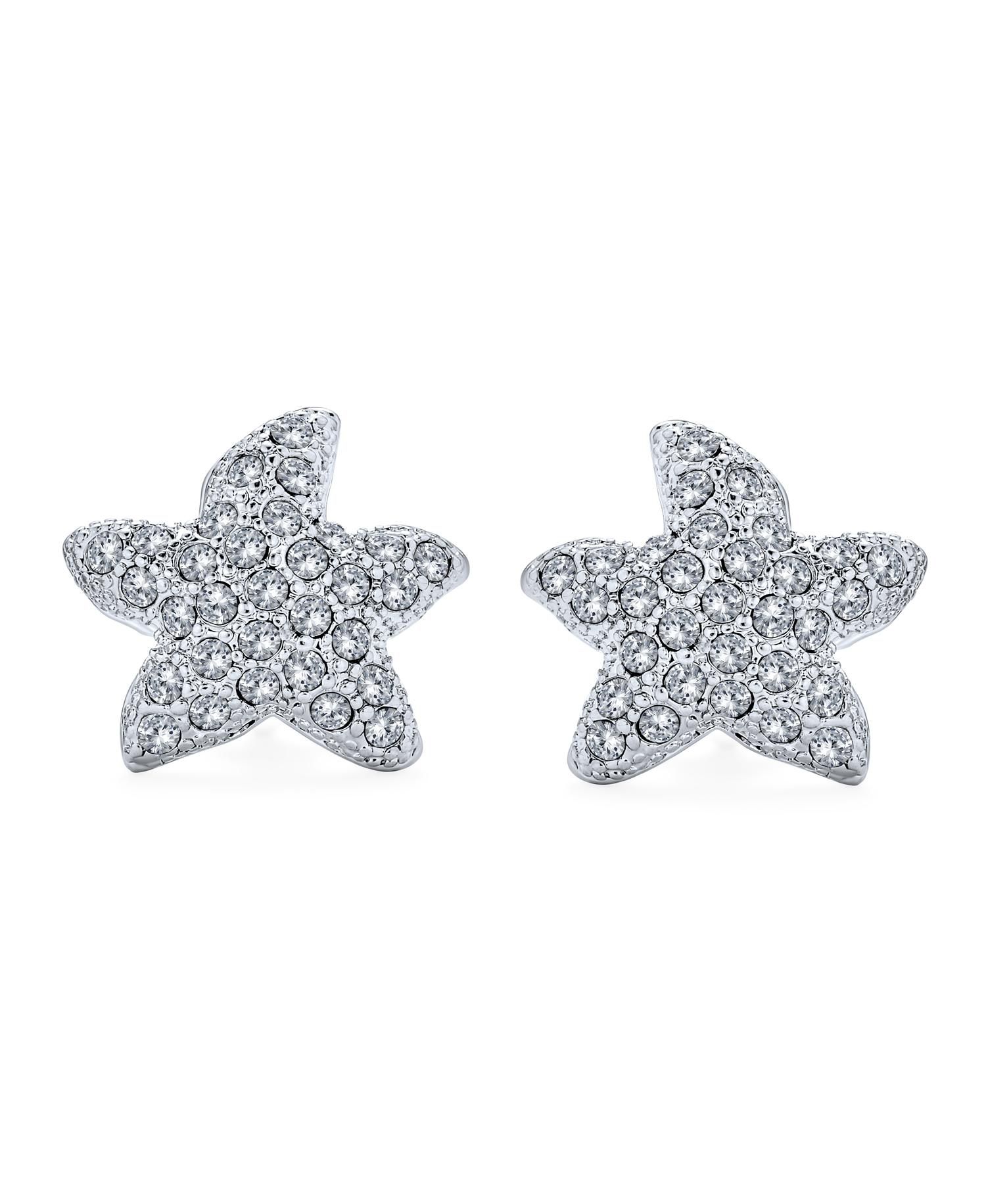 Nautical Beach Crystal Starfish Clip On Earrings Non Pierced Silver Plated