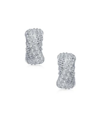 Criss Cross Twisted Pave Dome Hoop Clip On Earrings Silver Plated