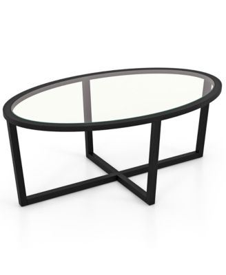 Modern Glass Coffee Table w/ Cross Base & Acacia Wood Legs for Small Spaces