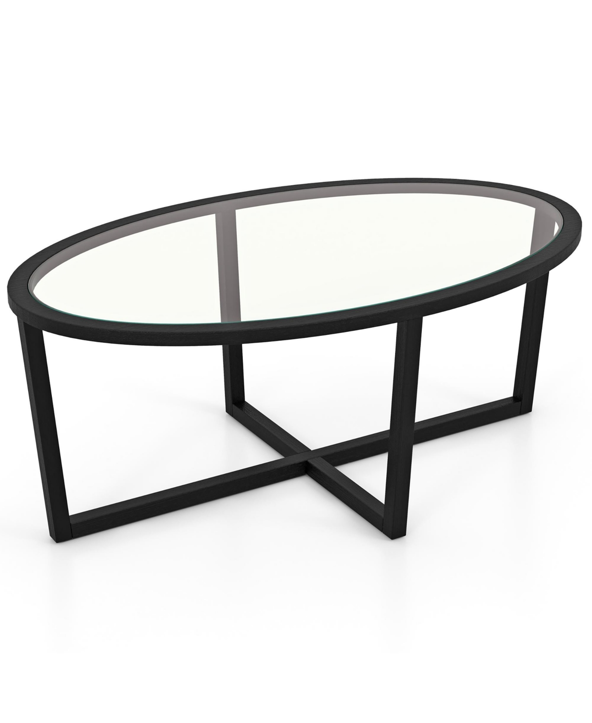 Gymax Modern Glass Coffee Table w/ Cross Base & Acacia Wood Legs for Spaces