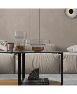 Glass-Top Coffee Table 2-Tier Modern Oval Side Sofa Table w/ Storage Shelf
