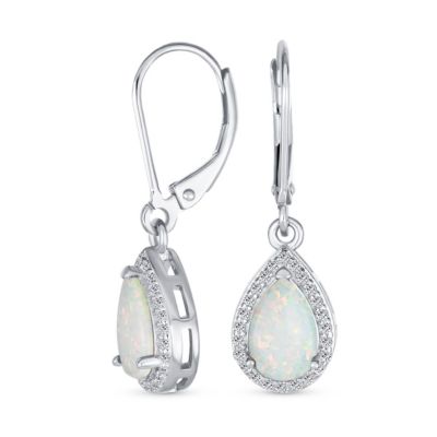 CZ Halo Solitaire White Opal Teardrop Pendant & Earrings Jewelry Set