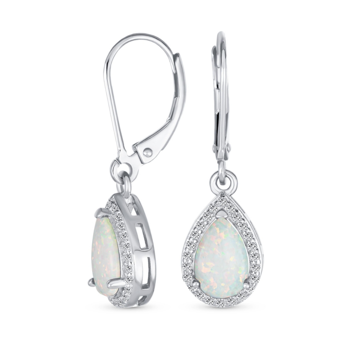 Bling Jewelry Traditional Elegant Cz Accent Halo Solitaire White Created Opal Teardrop Earrings Pendant Jewelry Set For Women .925 Sterling Silver