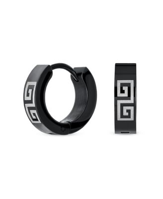 Greek Key Hoop Earrings Laser Etched Black IP Plated Stainless Steel