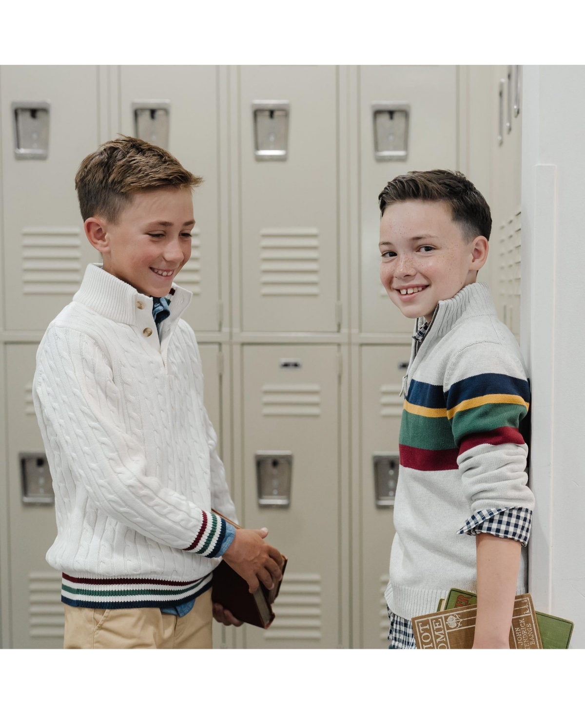 Hope & Henry Boys Organic Long Sleeve Half Zip Sweater with Engineered Stripe - Gray with homeroom stripe