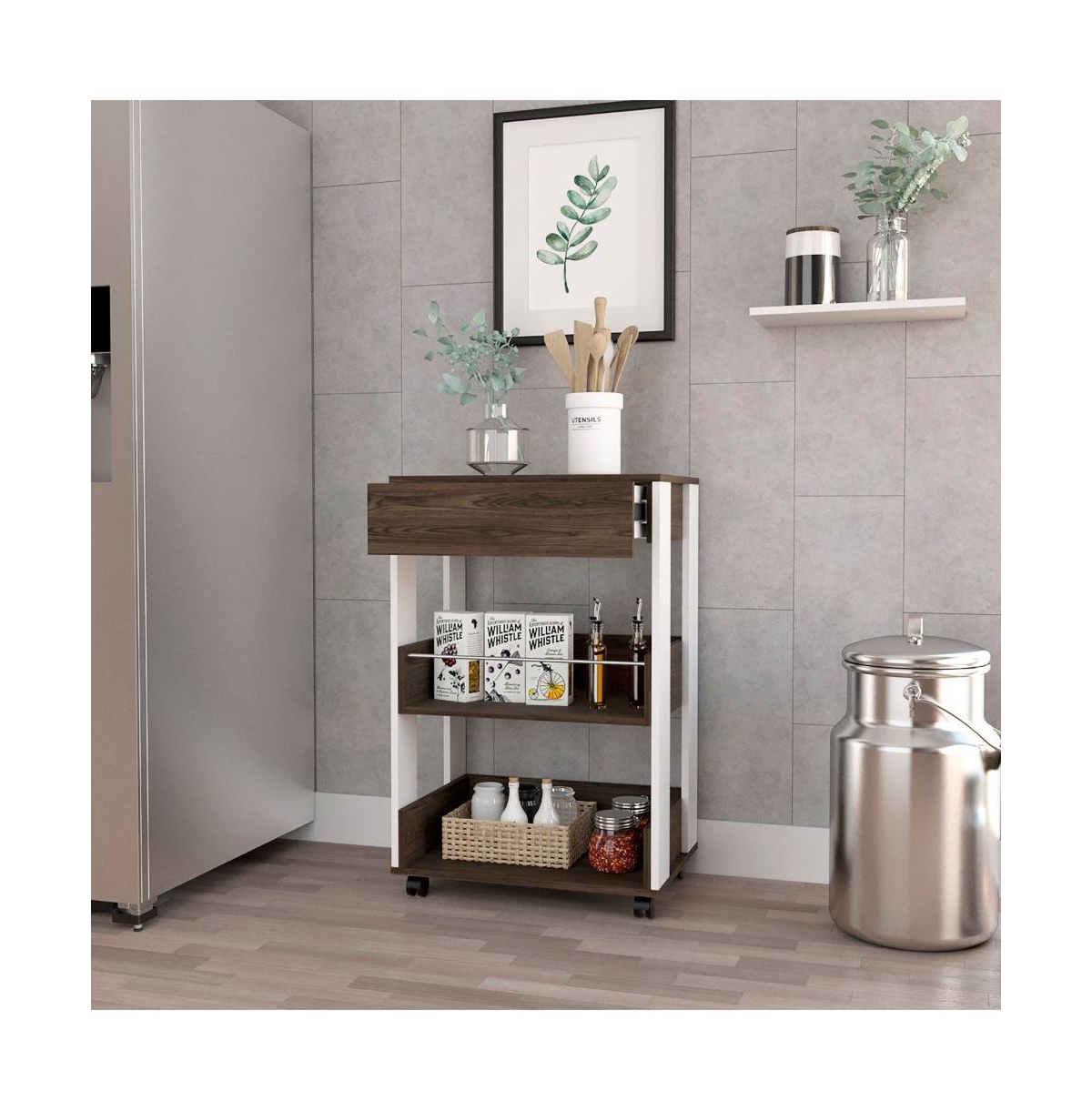 Depot E-Shop Pillar Kitchen Cart, Four Casters, Three Shelves, White / Dark Walnut - Multi-color
