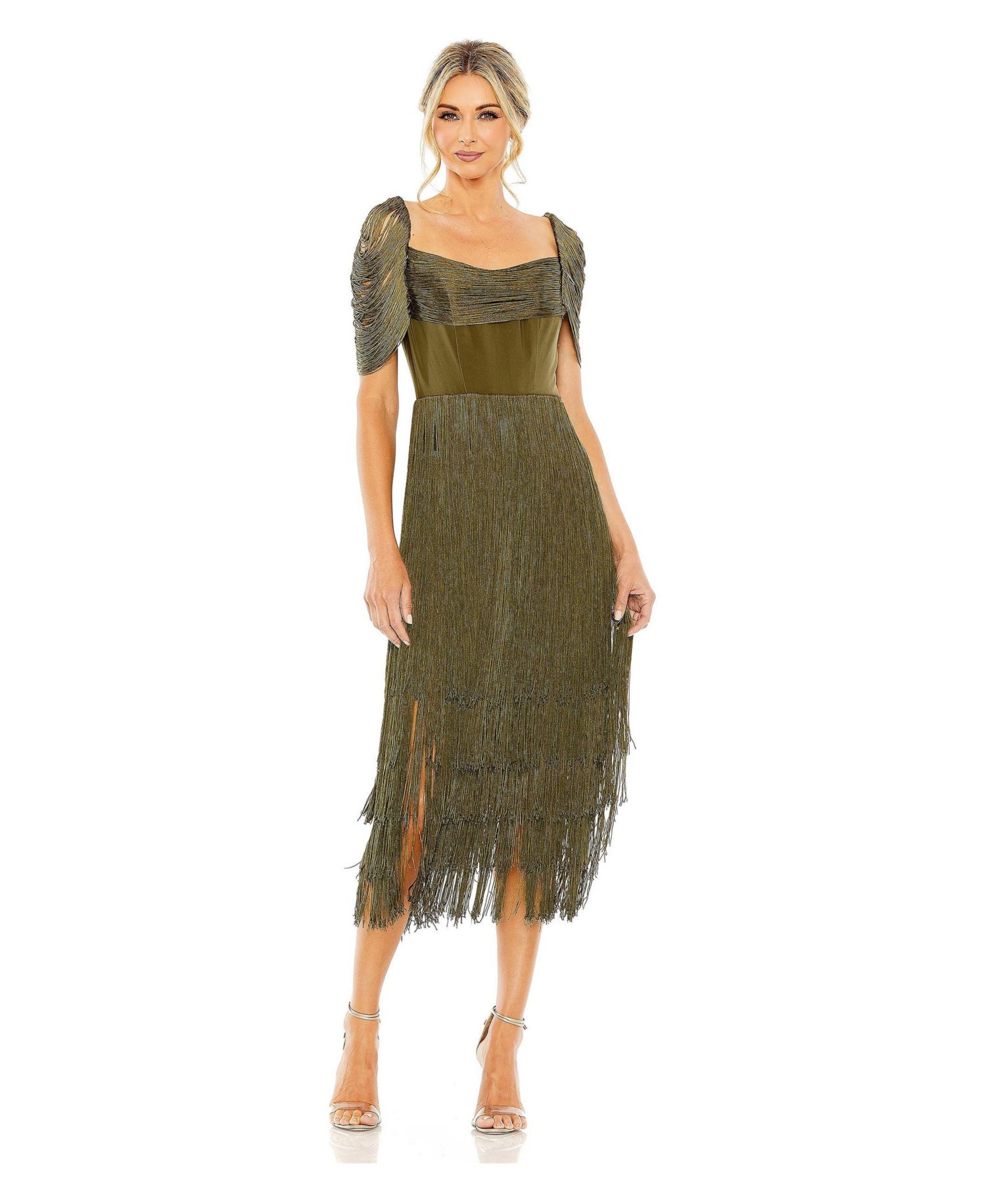 Women's Short Sleeve Fringe Detailed Midi Dress