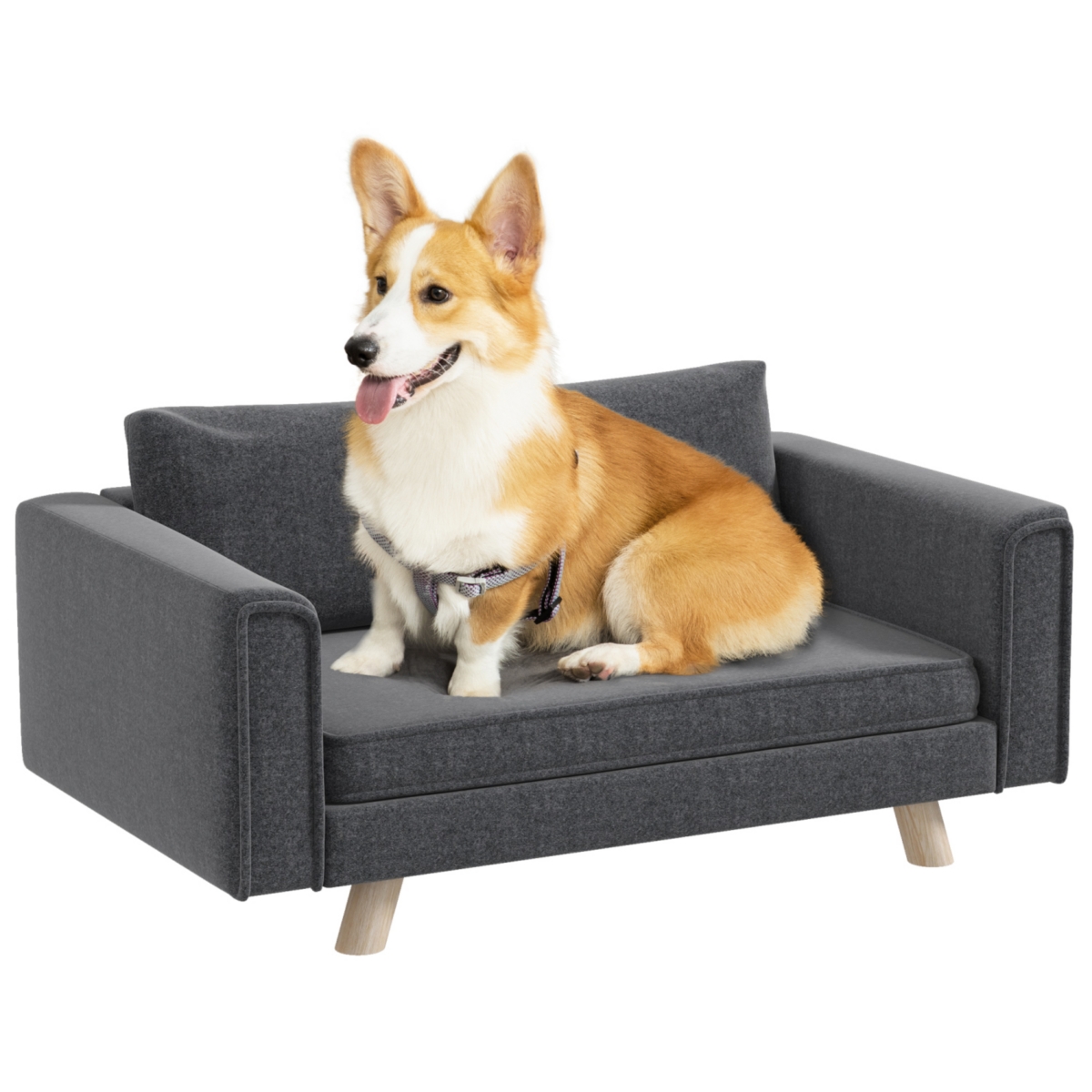 Raised Dog Sofa, Elevated Pet Sofa for Small and Medium Dogs with Removable Seat and Back Cushions, Anti-Slip Pads, Gray - Gray