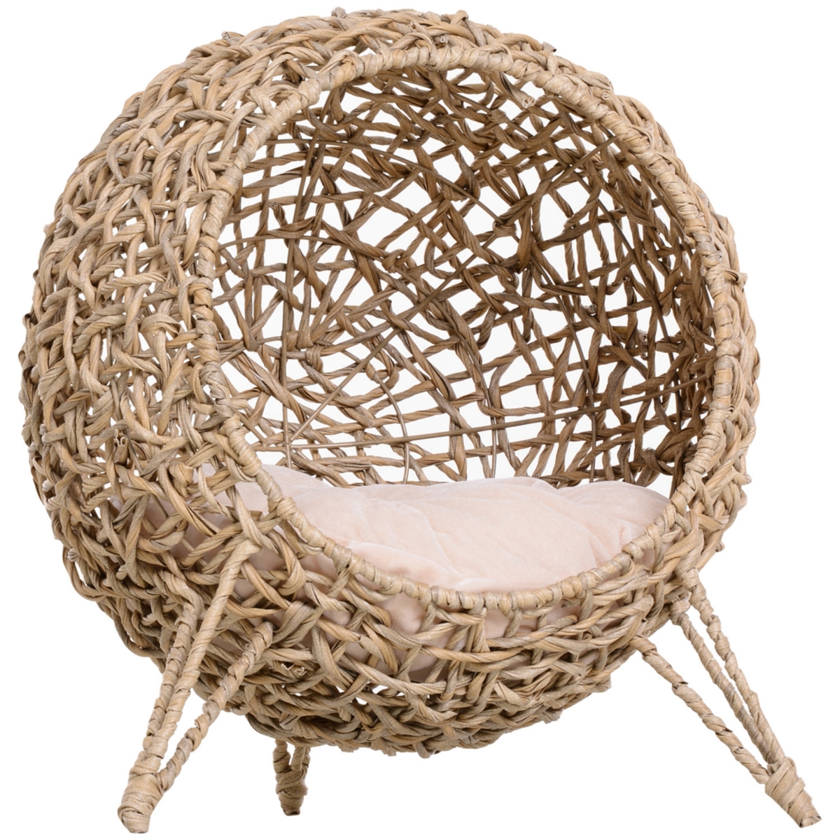 20.5&#x22; Weaved Cat Bed, Elevated Hand-woven Braided Banana Leaf Kitten House Condo with Cushion, Beige - Beige