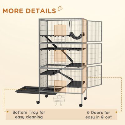 63" 6-Tier Small Animal Cage, Ferret Cage, Large Chinchilla Cage with Hammock Accessory & Heavy-Duty Steel Wire, Small Animal Habitat with 6 Doors, Removable Tray, Gray