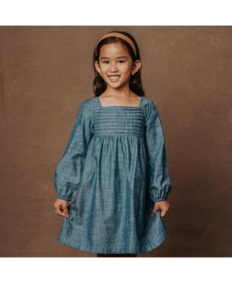 Toddler Girls Organic Long Sleeve Ruched Bodice Chambray Dress
