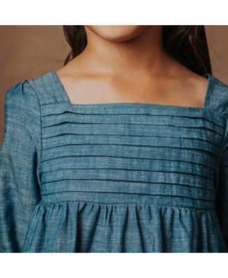 Toddler Girls Organic Long Sleeve Ruched Bodice Chambray Dress