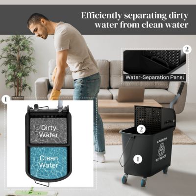 Mop Bucket with Wringer on Wheels for Floor Cleaning, 21 Quart, Separate Dirty and Clean Water, Black