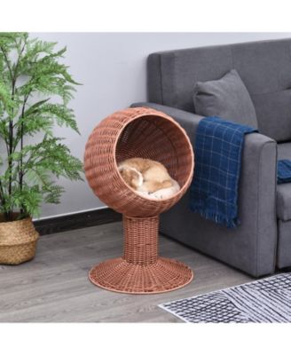 Elevated Cat Bed with Rotatable Egg Chair Pod, Cat Basket Bed with Thick Cushion, Natural Mat Grass Woven Kitty House, Brown