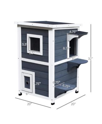 Outdoor Cat House with Escape Door, Weatherproof 2-Story Wooden Feral Cat Shelter with Opening Asphalt Roof, Dark Gray