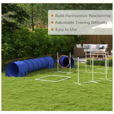 7 Piece Dog Agility Training Equipment, Dog Obstacle Course Starter Kit with Tunnels, Weave Poles, Adjustable Hurdles, Jumping Ring, Pause Box, Whistle, Blue