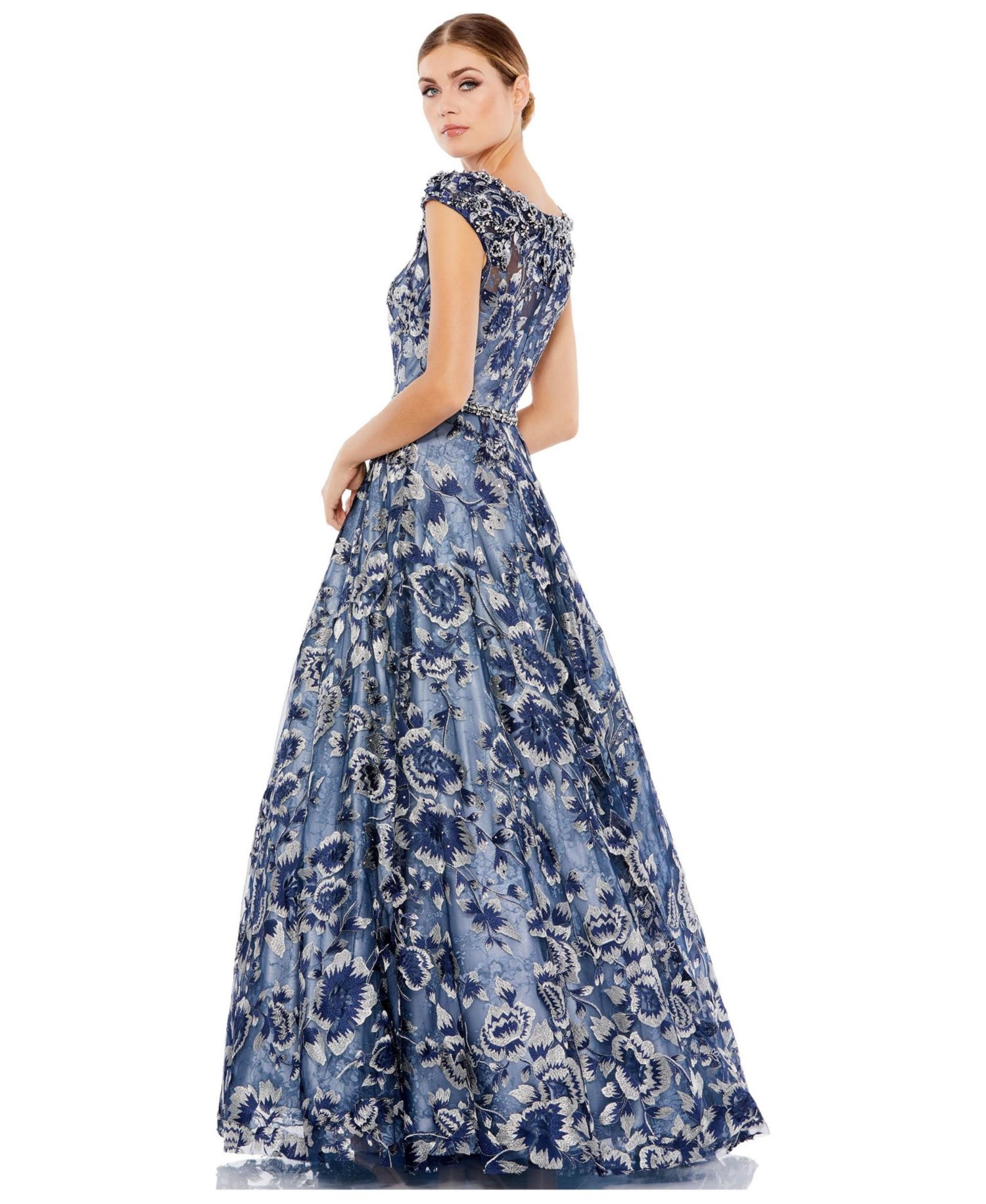 Women's Embellished Cap Sleeve High Neck Ballgown.