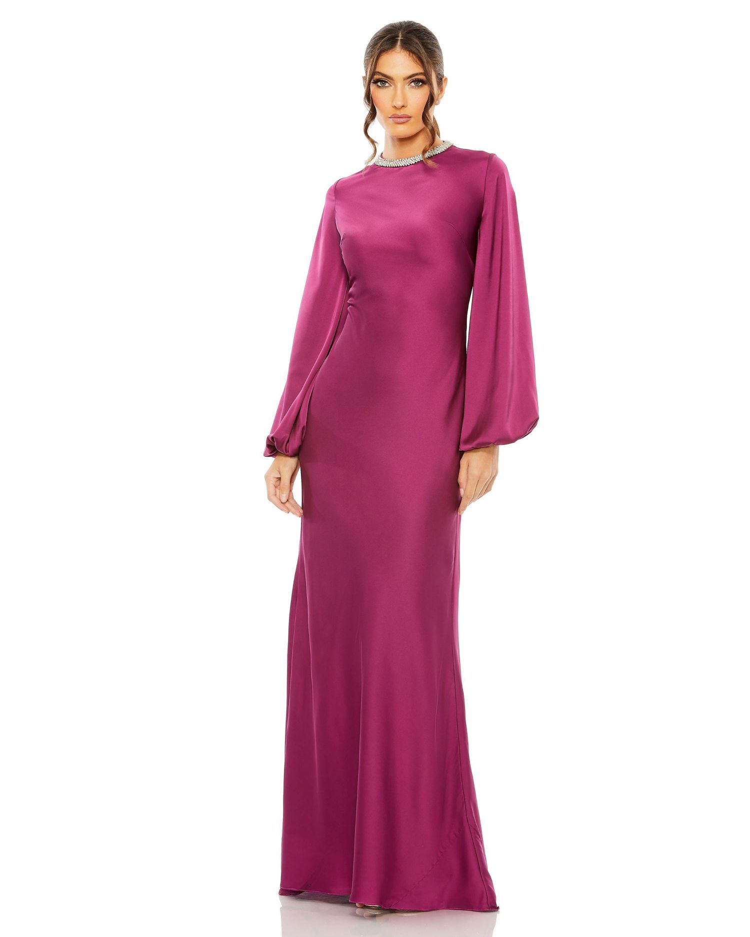Women's Beaded High Neck Bishop Sleeve Satin Gown