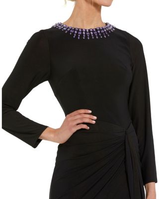 Women's Long Sleeve Jersey Ruched Gown With Beaded Neck
