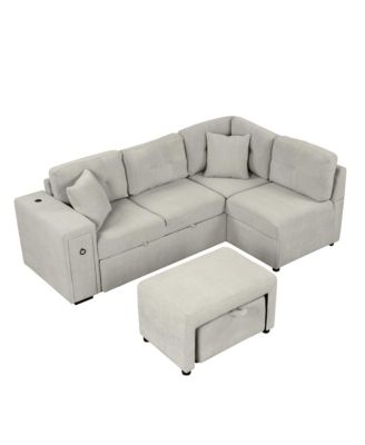 87" L-Shape Sectional Sofa with Pull-out Bed and Ottoman