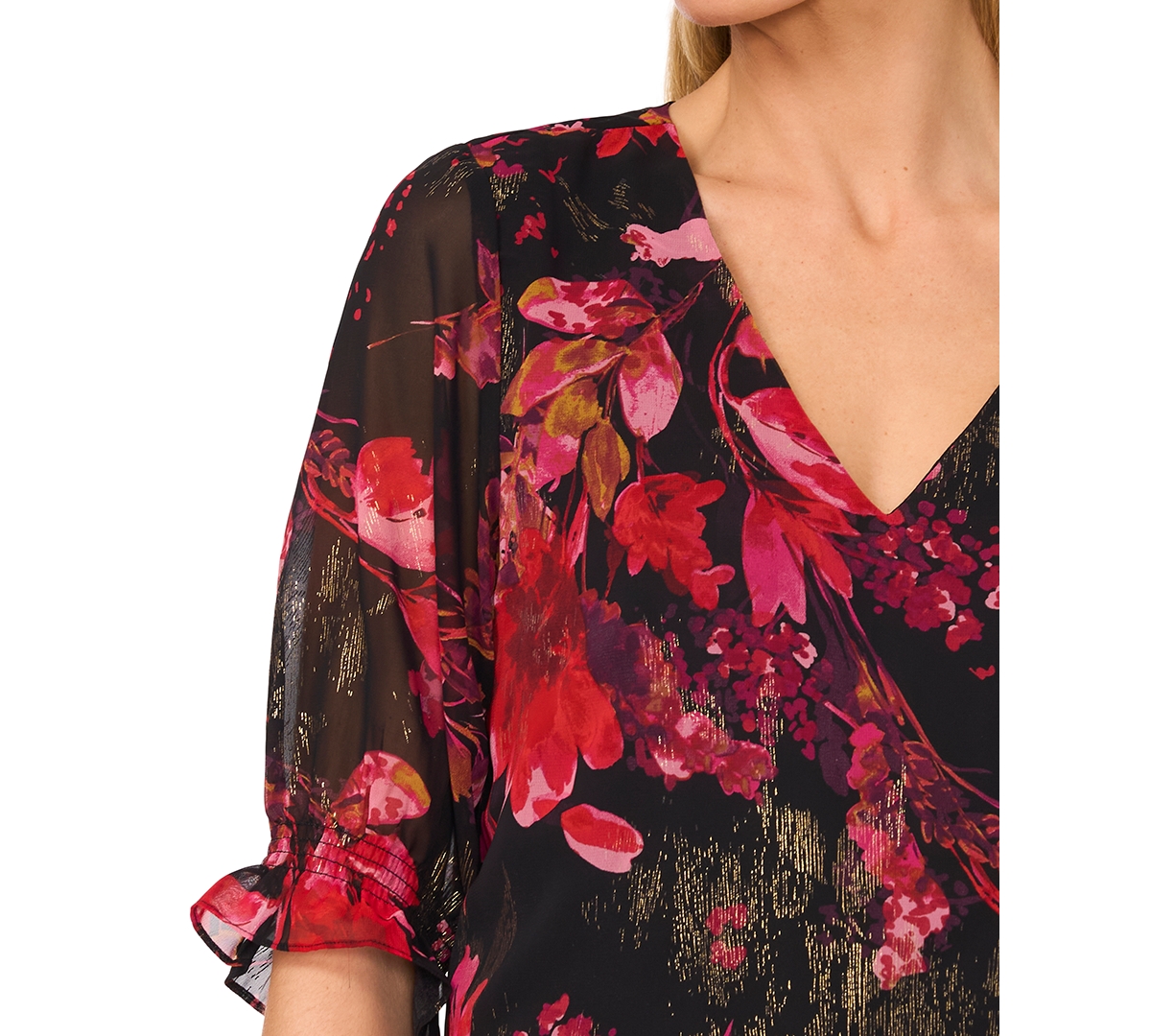 CeCe Women's Floral V-Neck Ruffled-Cuff Blouse