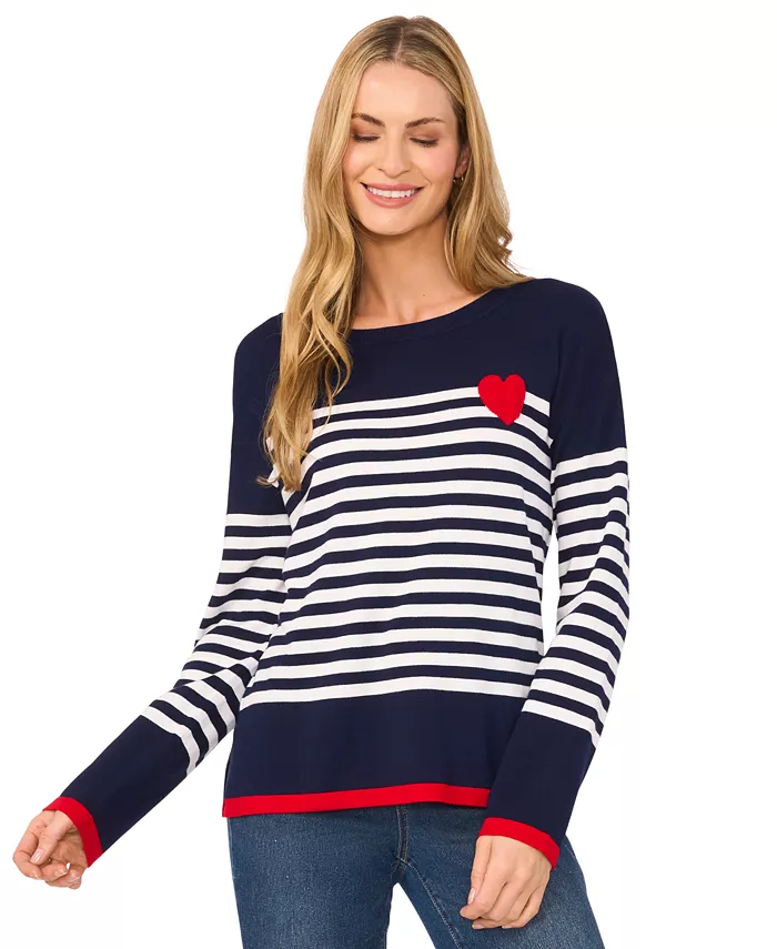 Women's Valentine's Crewneck Sailor Stripe Heart-Trim Long-Sleeve Sweater