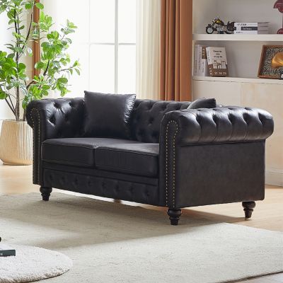 1 Pc Tech Fabric  Chesterfield Style, Button Tufted, Nailhead Arms, Includes 2 Pillows, Wooden Legs  Contemporary Sofa
